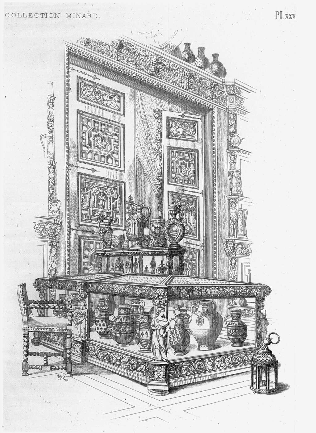 Katalogblatt der Sammlung Minard: Steinzeugobjekte ausgestellt im Stil des 19. Jahrhunderts 