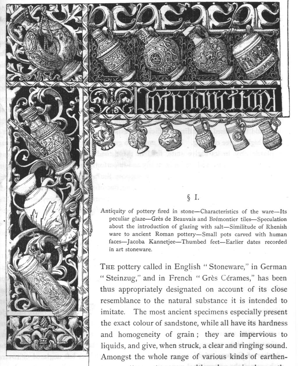 Einleitende Zeichnung und Text aus der Publikation „The ancient art stoneware of the low countries and Germany or Grès de Flandre & Steinzeug: it’s principal varieties, and the places where it was manufactured during the XVIth and XVIIth century“, von M.L. Solon (1892)