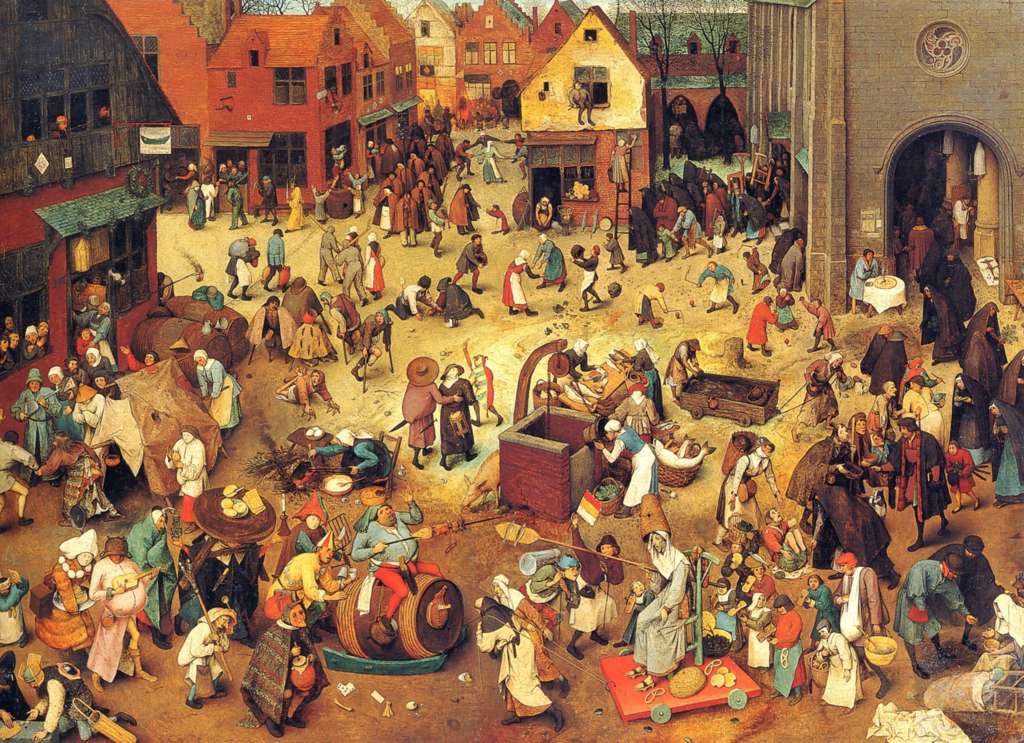 Pieter Brueghel d. Ä. (1526-1569): Streit des Karnevals mit der Fastenzeit. Unten links eine FRau, die einen 